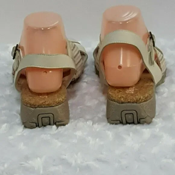 Skechers Womens 10 Sandals T-Strap Beige Striped Strappy Cork Footbed Comfort - Picture 6 of 10